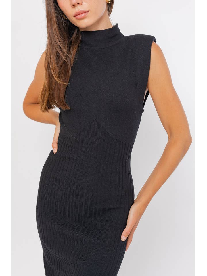LE LIS - Wholesale Dress - Women's - MOCK NECK POWER SHOULDER RIBBED SLIT DRESS23