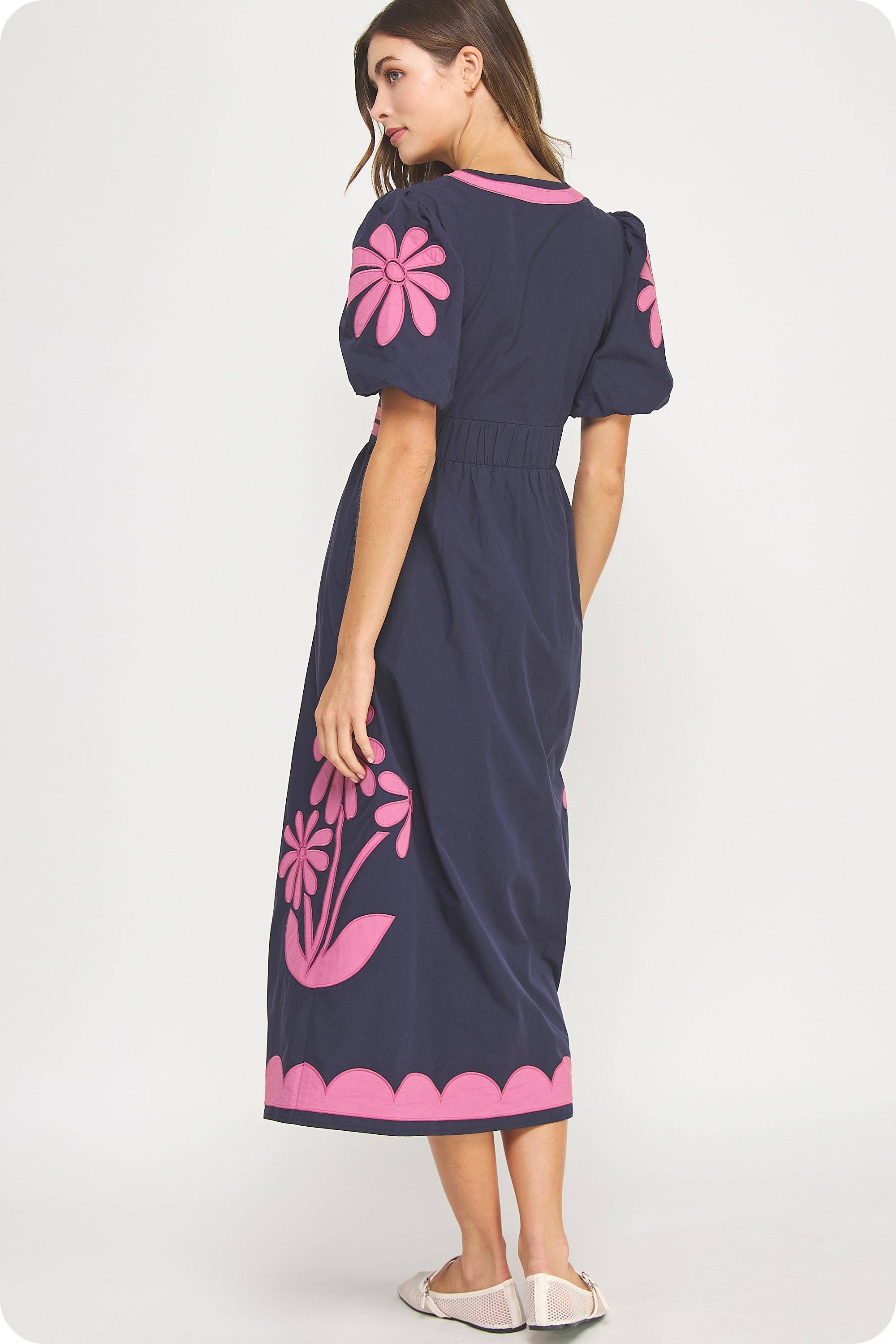 Navy chateau Rose Flower Patch Contrast Embroidery Midi Dress for wholesale on Faire8