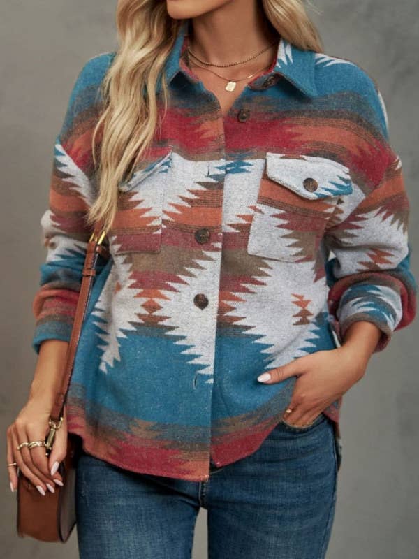 Geometric Print Cropped Loose Collar Jacket for wholesale by safistyle