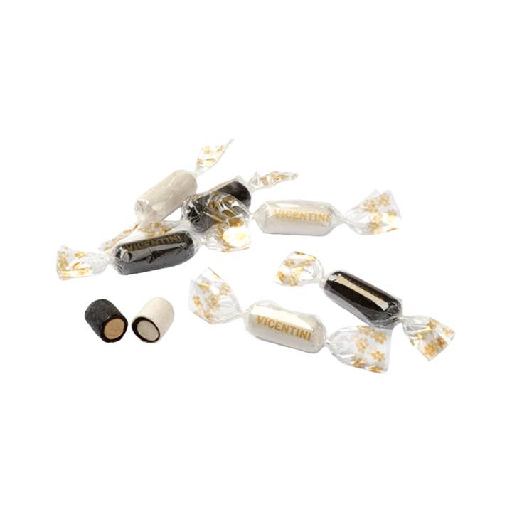 Bonbons craie noirs et blancs fourrés à la réglisse pour la vente par pirotta srl