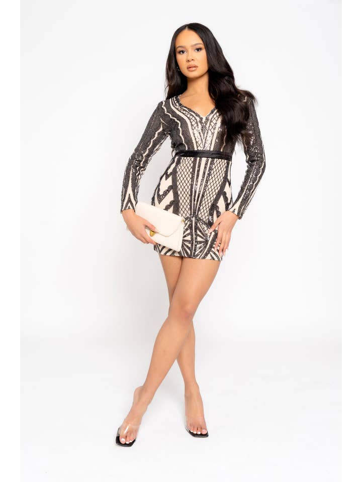 Nazz Collection Clothing Ltd - Vendita all'ingrosso Vestito - Donna - Abito illusione aderente con paillettes nude nere Coco Couture Vip