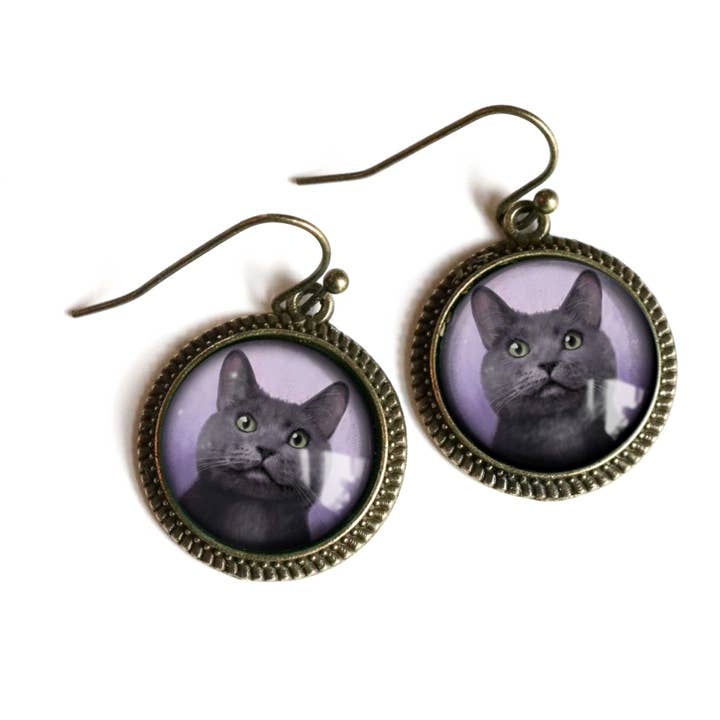 The Divine Iguana - Wholesale Dangle Earrings - Best Friends Russian Blue Glass Cabochon Gray Cat Earrings