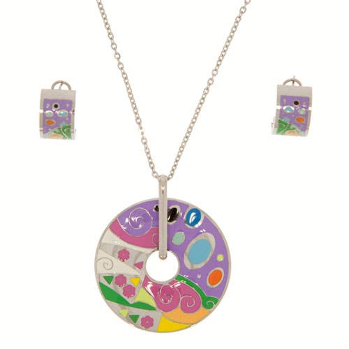 Conjunto: colar e brincos em aço inoxidável esmaltado, prateado por atacado de EHAWA