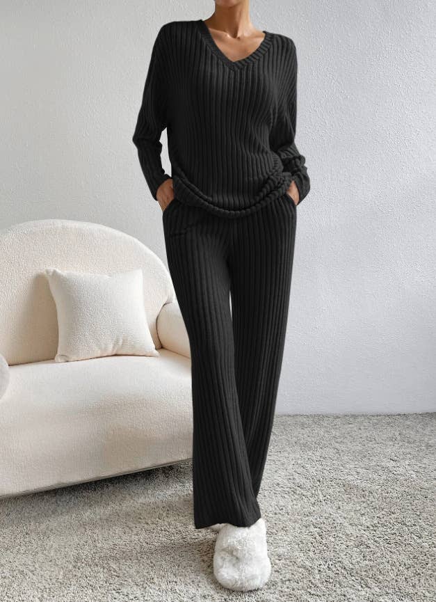 HIDDENBRAND - Wholesale Sleepwear Set - Women's - Ribbed Knit Long Sleeve Lounge Pajama Set1