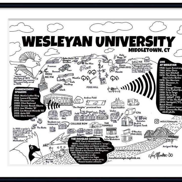 Carte en noir et blanc de l'Université Wesleyan pour la vente par Moulton Maps