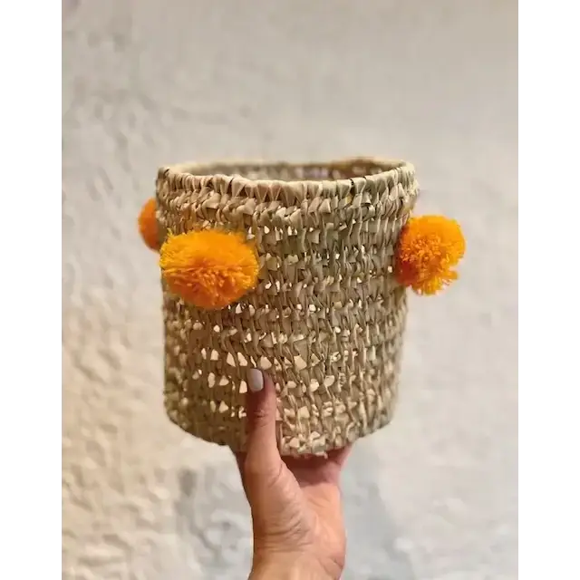High crafty – wholesale Basket – 🧺 Handwoven Palm Leaf Basket with Colorful Wool Pom Poms11