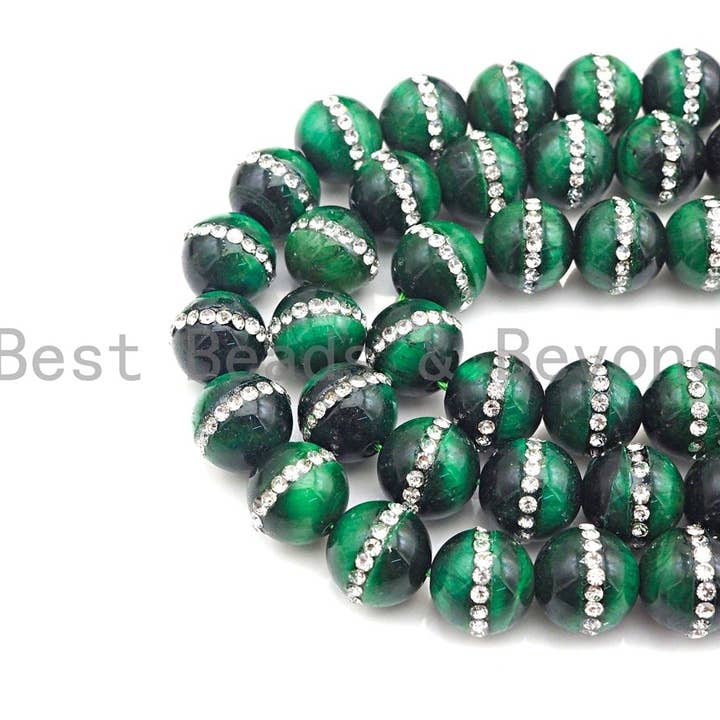 BestBeads&Beyond – Engroshandel Perler – Høj kvalitet Grøn Tiger Eye med Rhinestone indlagt, 6mm/8mm/10mm/12mm/14mm, Tiger øje Perler, 15,5" Fuld streng, SKU #V52