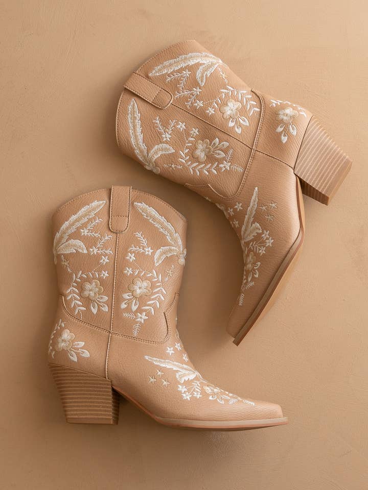 The Bailey | Apricot Embroidered Cowboy Bootie for wholesale on Faire