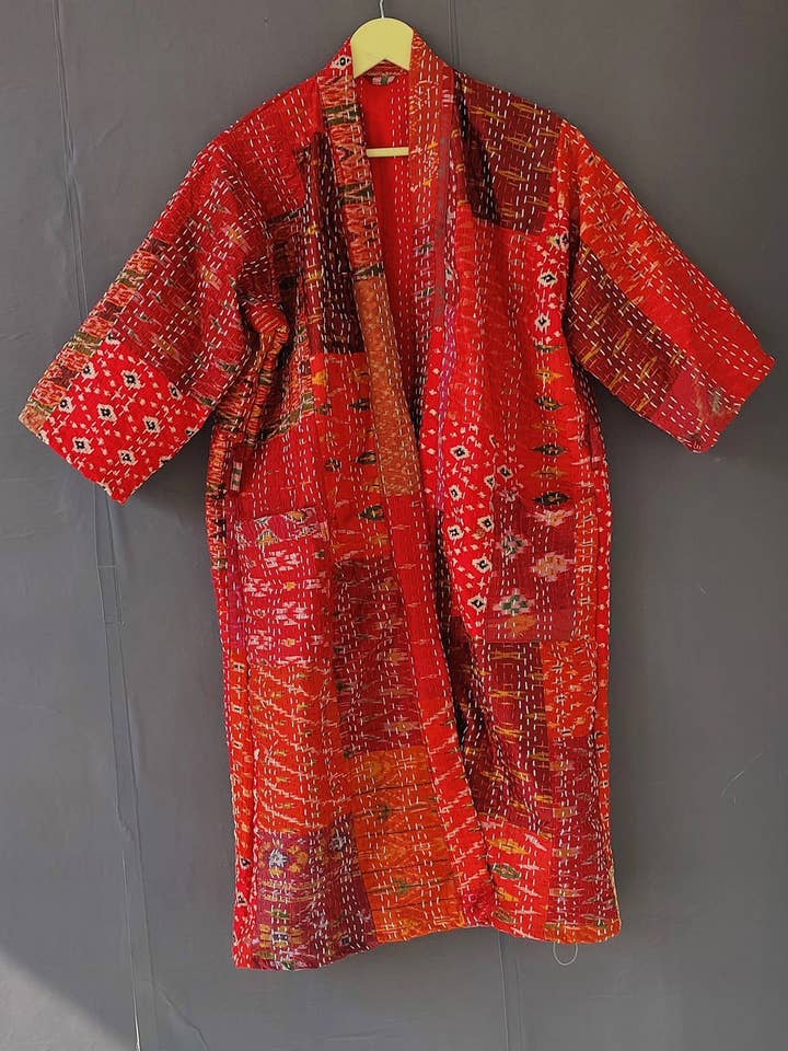 bhavnas boutique - Wholesale Kimono - Women's - Vintage Silk Sari kantha Kimono Recycled Dressing Gowns