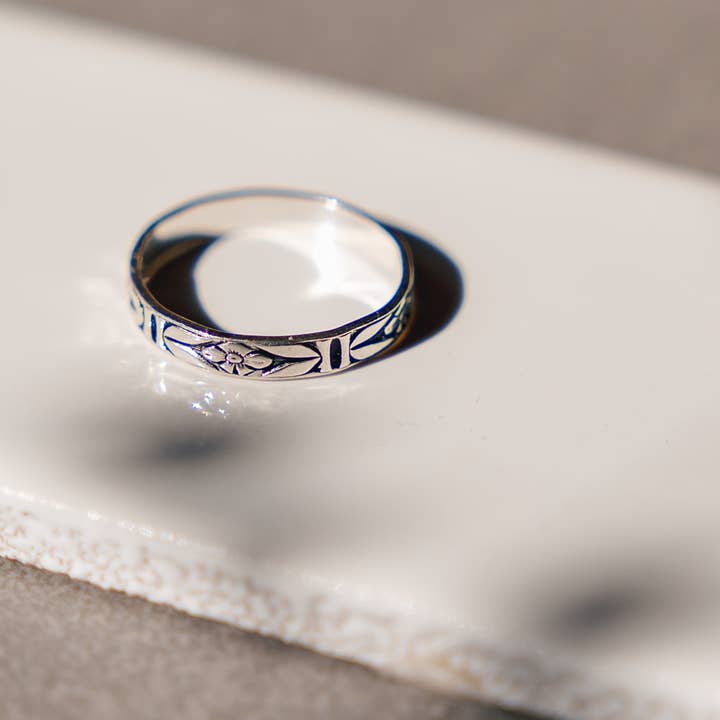 Breezi Mae - Wholesale Band/Stacked Ring - Floral Sterling Silver Stacker Band Ring