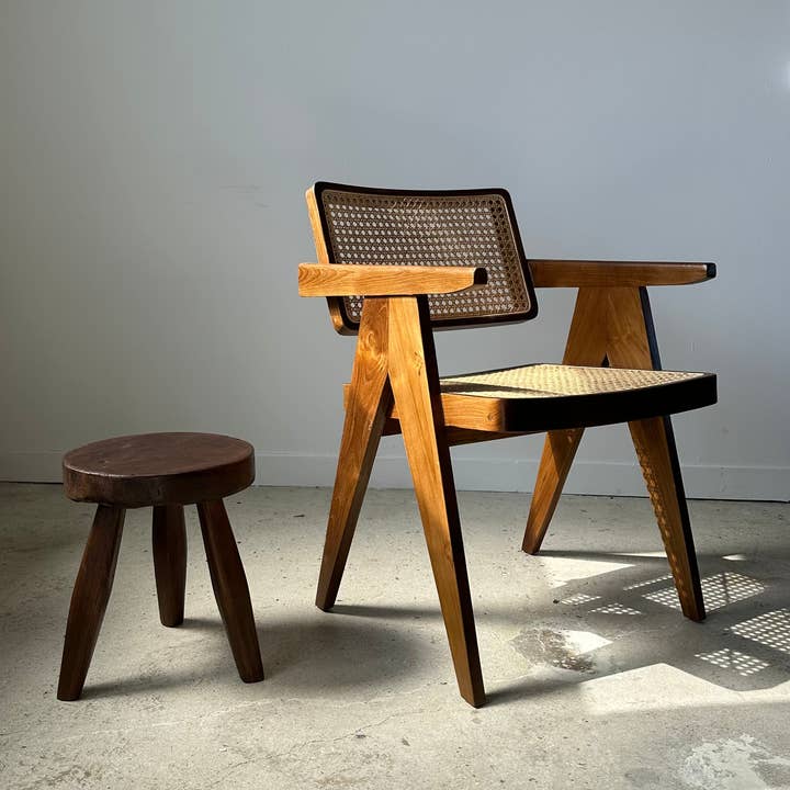 Office Objets - Wholesale Stool - Upcycled low flat teak tripod stool - Small solid brown wood stool with flat circular seat H:35cm D:30cm31