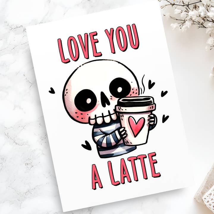Love You a Latte Skeleton Card - Cute Coffee Lover Valentine's Day Card - Funny Romantic Greeting Card for Coffee Enthusiasts -Couples Card for wholesale by Epic Life - Designed