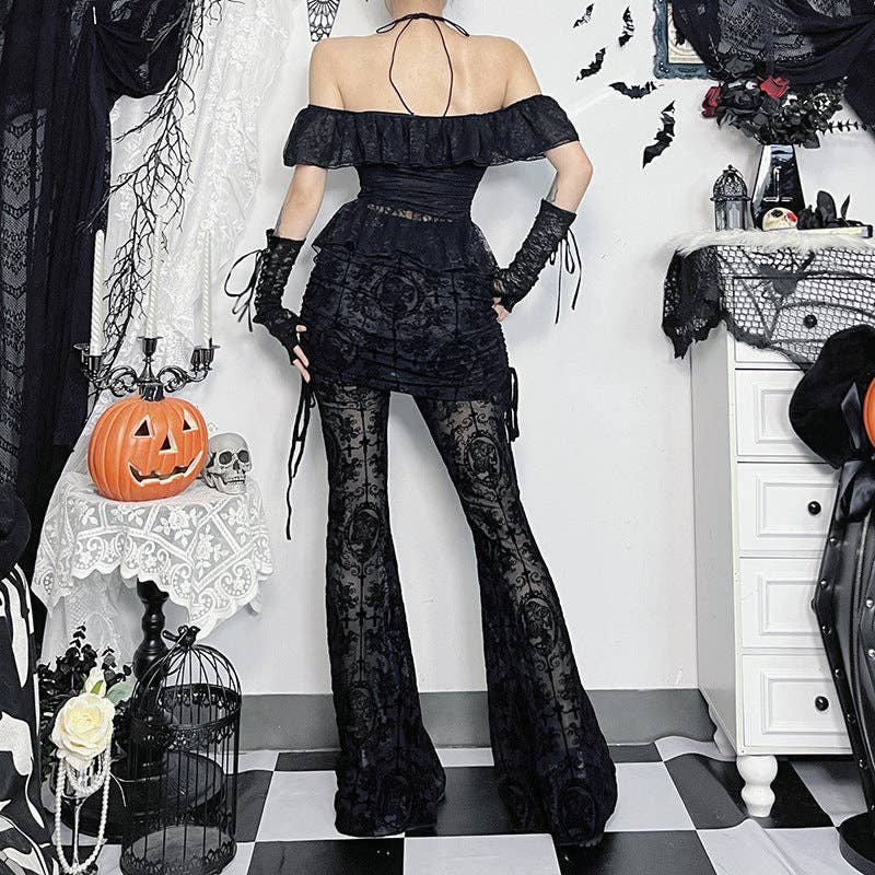 Black Women Gothic Perspective Cross Flocking Slim Pants for wholesale on Faire3