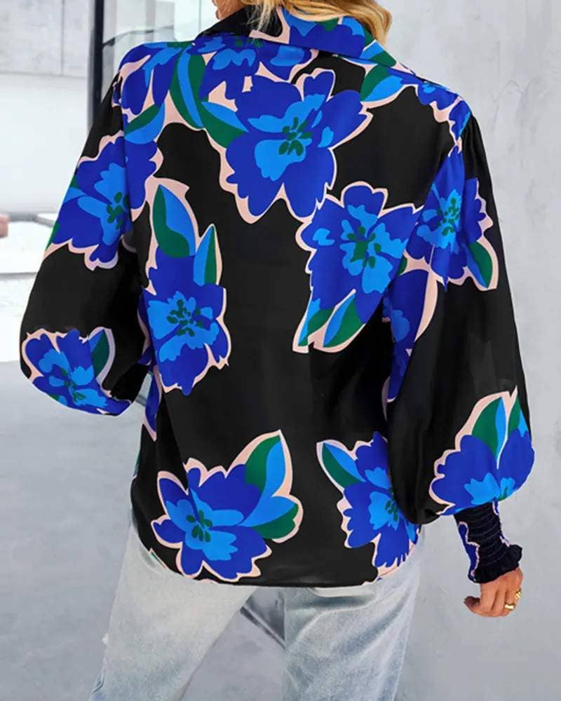 BLEU haut boutonné à manches lanterne à imprimé floral en vente sur Faire5