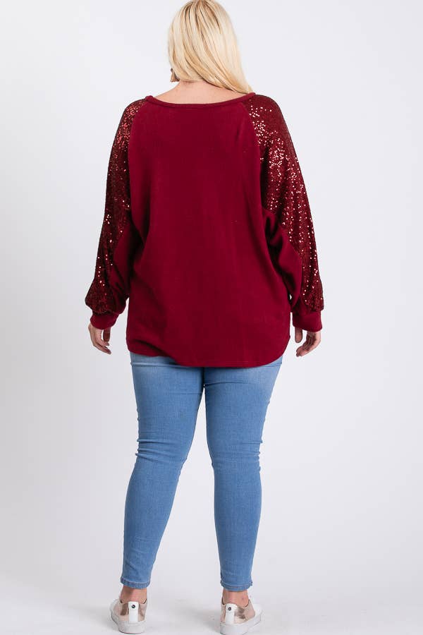 7th Ray - Wholesale Tunic - Women's - [PLUS SIZE] Brushed Knit Sequin Long Sleeve Top T2937XL16