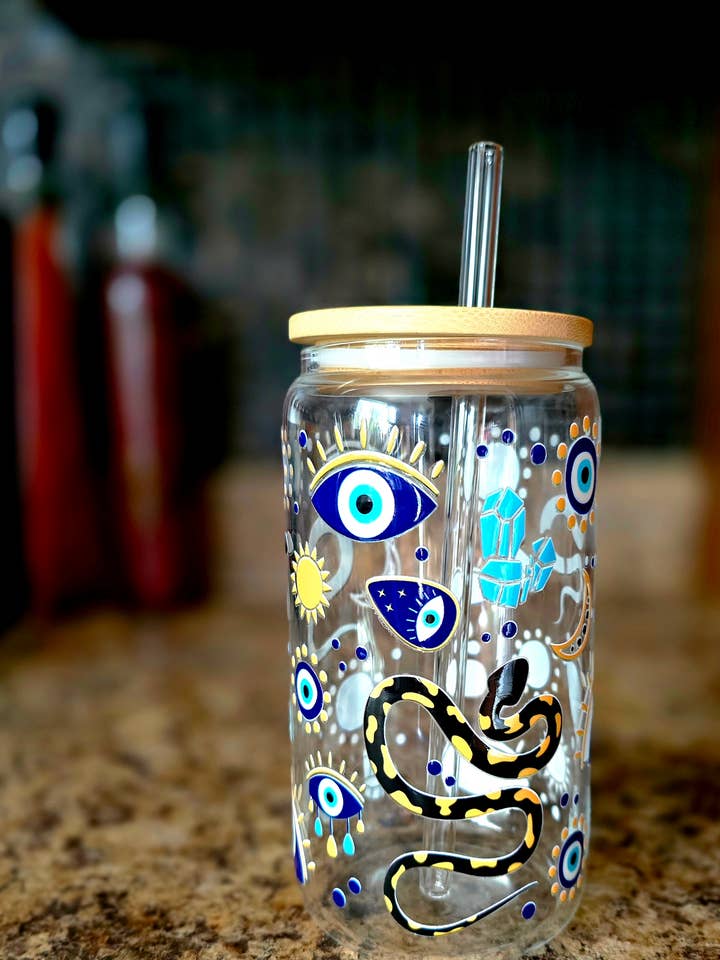 Mystical Evil Eye Glass Tumbler with Bamboo Lid and Straw for wholesale by House of HIJK