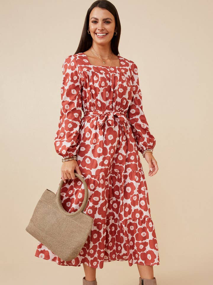 Womens Bold Floral Print Belted Square Neck Dress for wholesale by Hayden LA