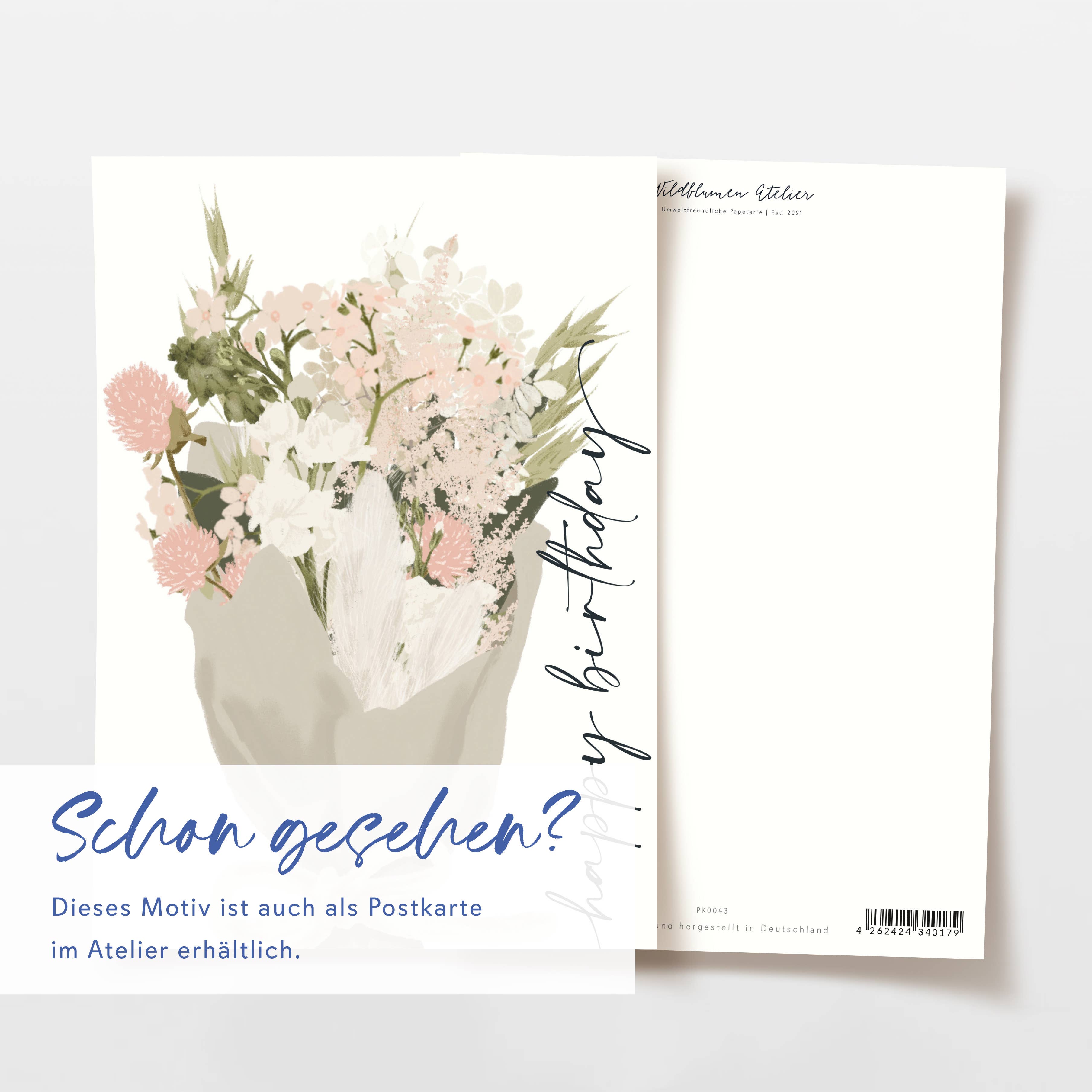 Wildblumen Atelier - Wholesale Birthday Card - Folded card happy birthday pink flowers, with envelope, FSC4