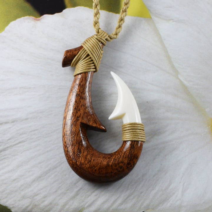 Hawaiian Large Genuine Koa Wood Fish Hook Necklace, Hand Carved Buffalo Bone 3D Fish Hook Necklace, N9404 Birthday Mother Gift for wholesale by Paradise Treasures Jewelry
