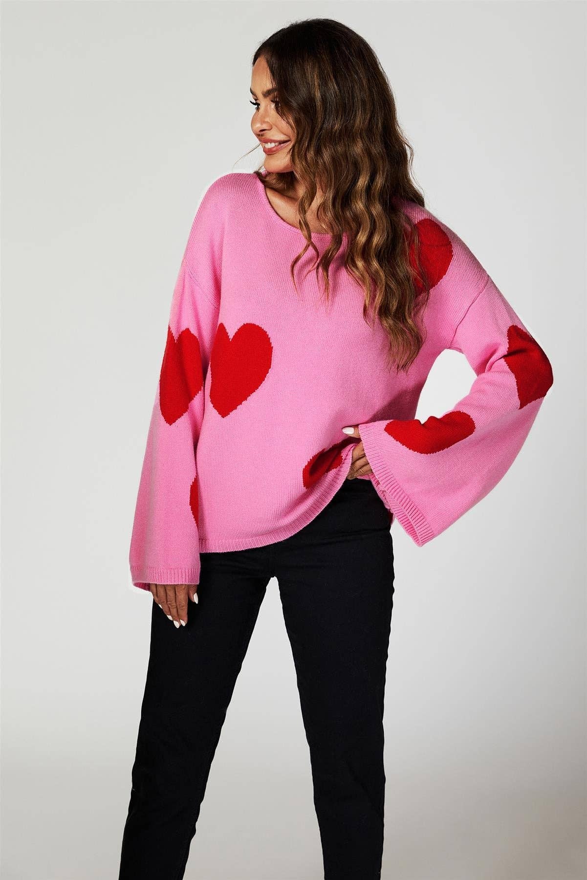 Wide Sleeve Oversize Red Jumper With Pink Heart for wholesale on Faire6