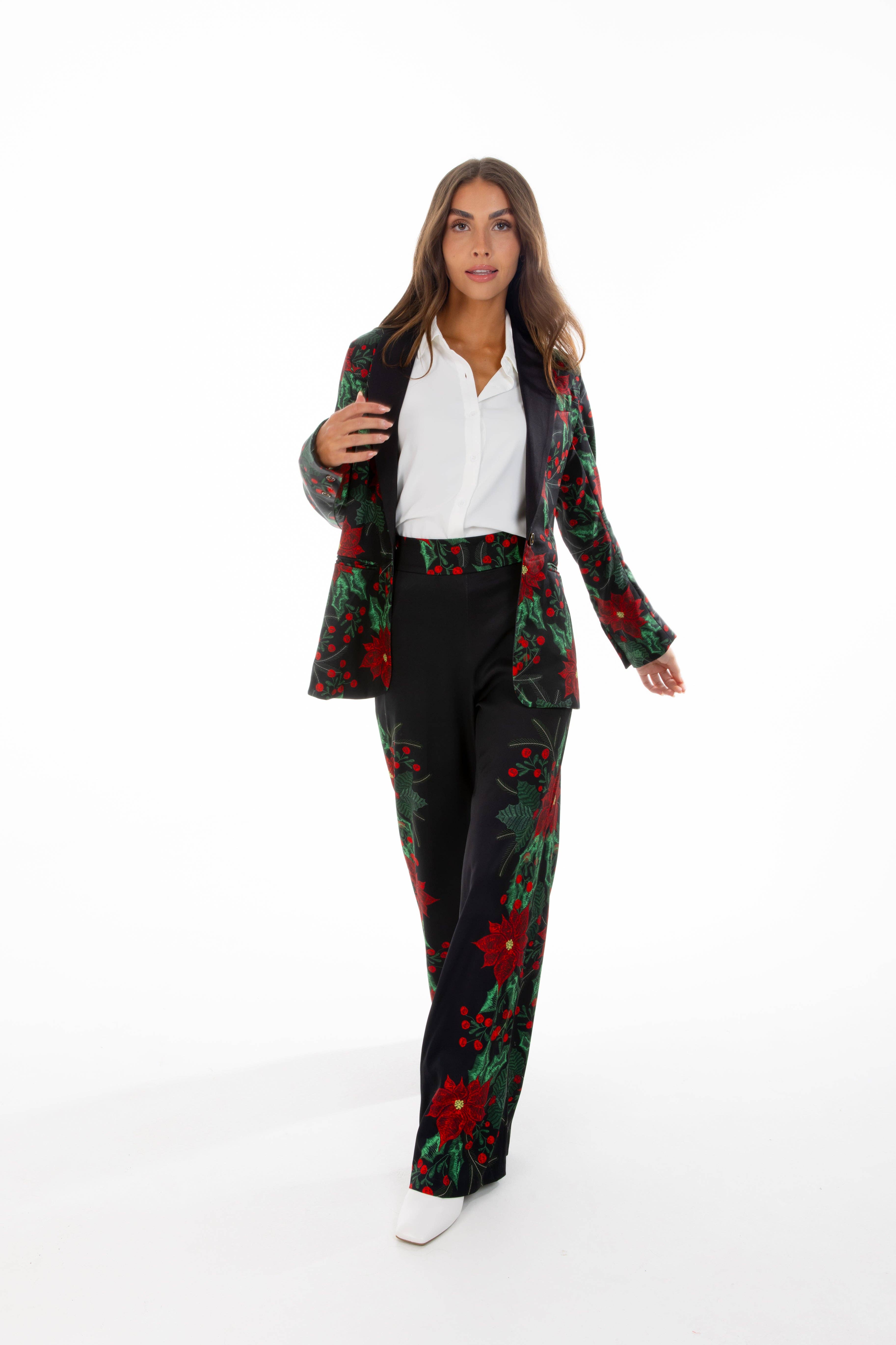 Shinesty, Inc - Venta al por mayor Blazer - Mujer - La pieza central | Blazer navideño de mujer con flor de pascua1