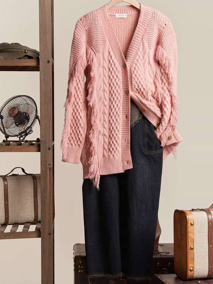 Mello. - Wholesale Cardigan - Women's - Oversized Knit Pattern Cardigan with Fringes8