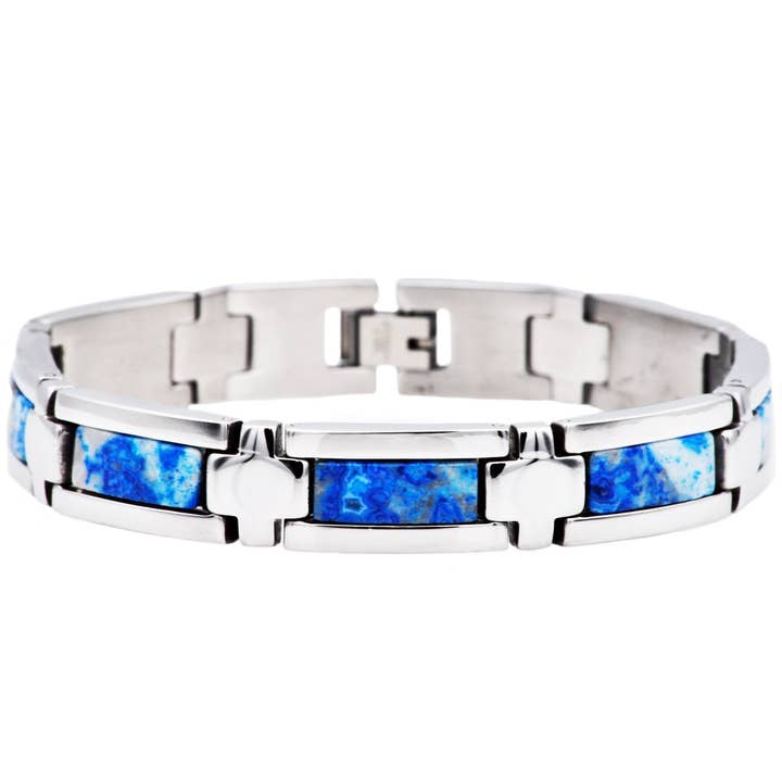 Men's Genuine Blue Lace Agate Stainless Steel Bracelet for wholesale by Blackjack Mens Jewelry