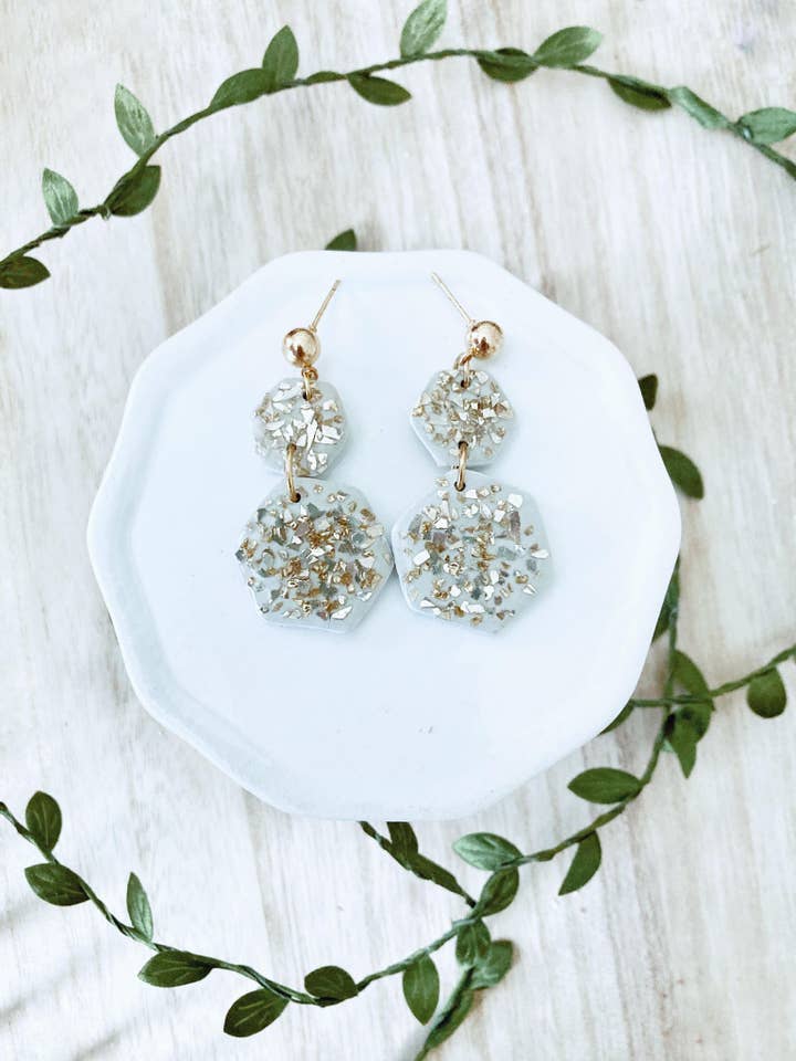 Speckled Golden Dangles, Polymer Clay Earrings for wholesale by KLA Designs
