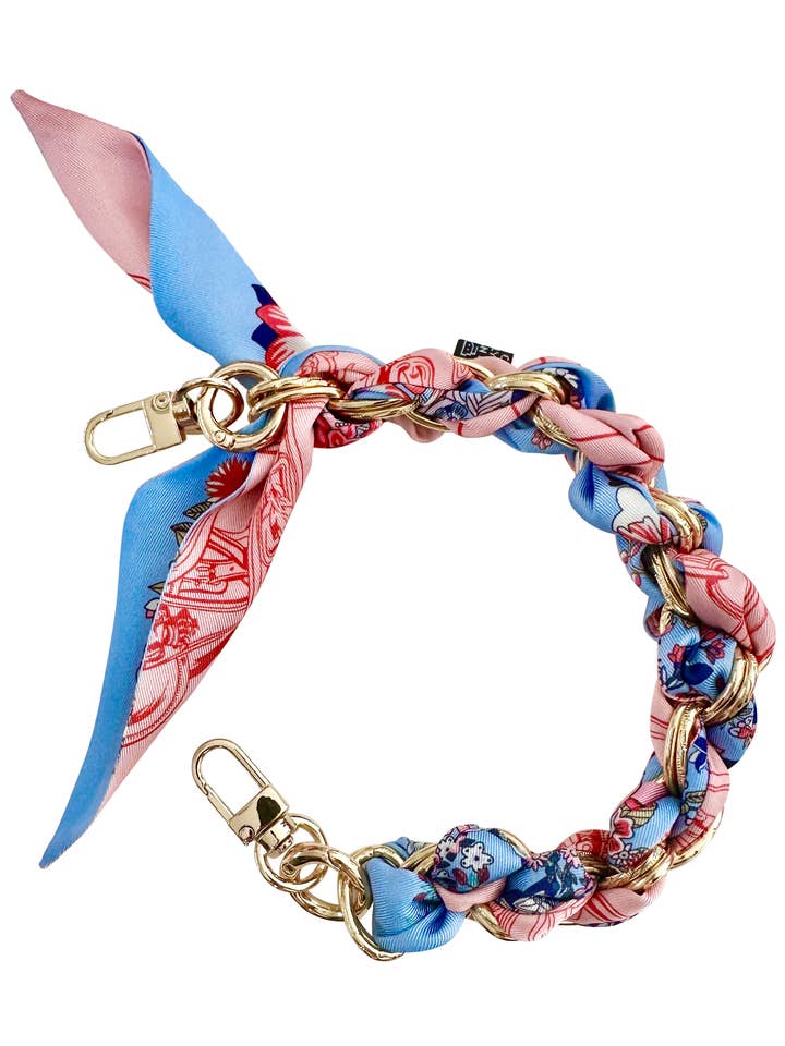 Gold Phone Chain with Pink and Blue Floral Print - Short OOO for wholesale by Gemelli