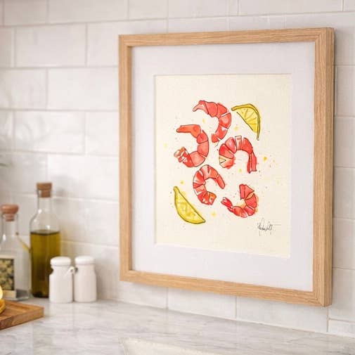 Garnelen & Zitrusfrüchte – Original Aquarellgemälde (9 x 12) für den Großhandel von Paper Shells Studio