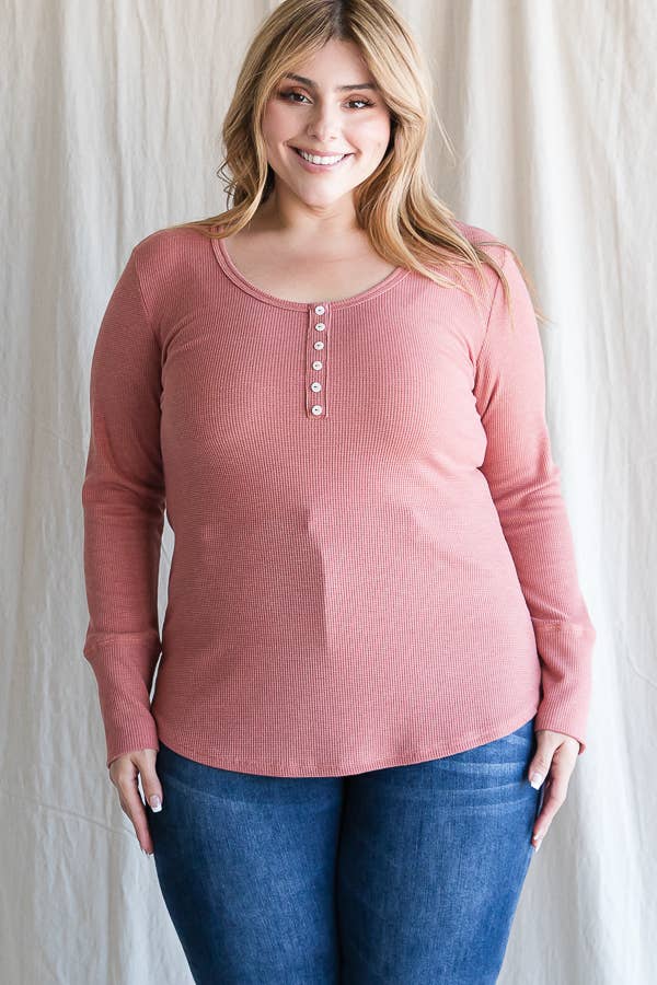 7th Ray - Wholesale Knit Top - Women's - [PLUS SIZE] Thermal Button Front Scoop Neck Top T4316XL22