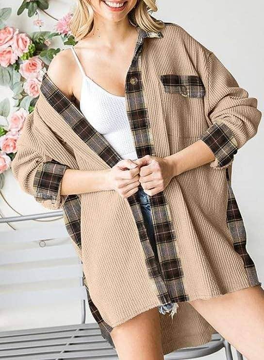 Queen Fashion – wholesale Jacket – Women's – sleeve top melliflo waffle knit plaid shacket19