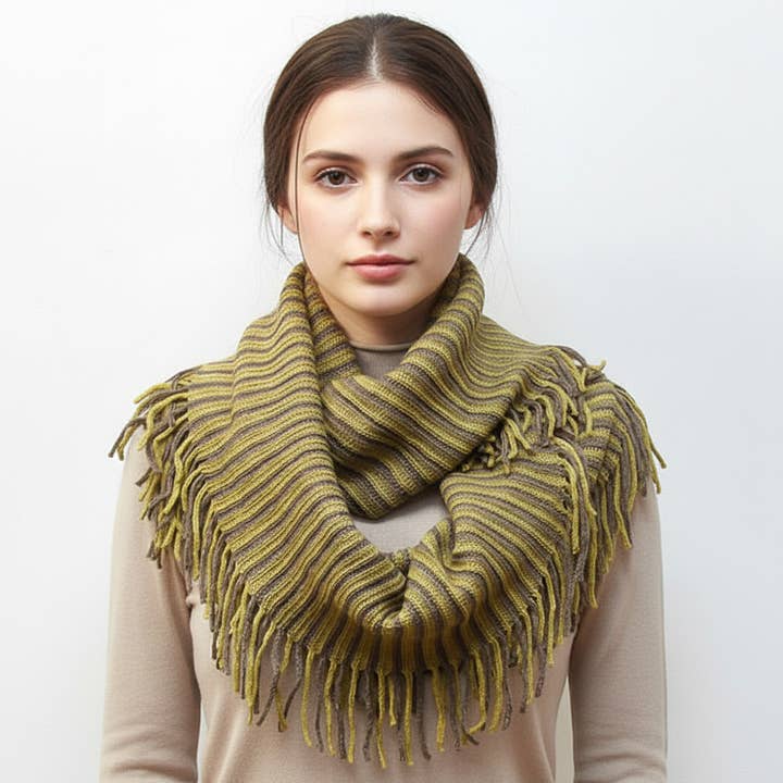 Striped Knit Fringe Infinity Scarf for wholesale by Sensibling Corp.