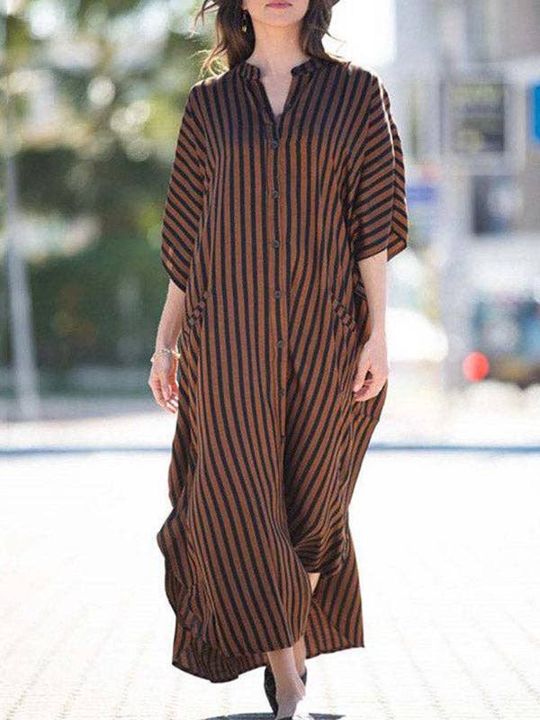Sheer Trend - Wholesale Dress - Women's - Batwing Sleeves Half Sleeves Buttoned Pockets Striped Round-Neck Beach Cover-Up Maxi Dresses2