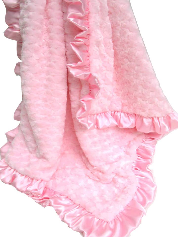 Personalized Luxe Minky Blanket with Satin Ruffle for wholesale by Minkee Baby Gifts