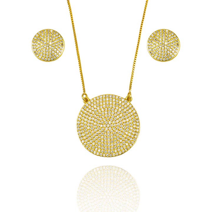 Pave Disc Circle Pendant Necklace & Stud Earrings Set (G214) for wholesale by MIA Jewelry