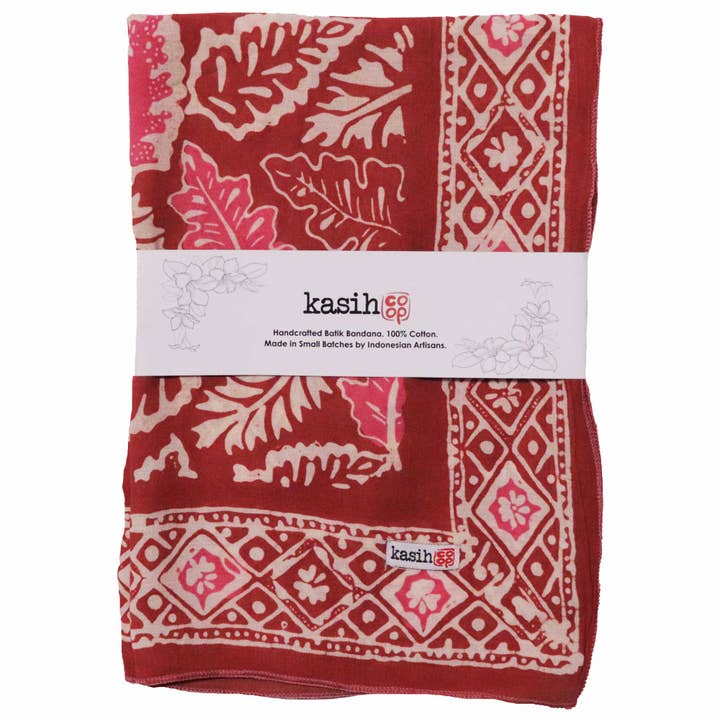 Kasih Co-op – wholesale Bandana – Women's – Hand Dyed Batik Bandana, Peach Pink Coral Leaves9