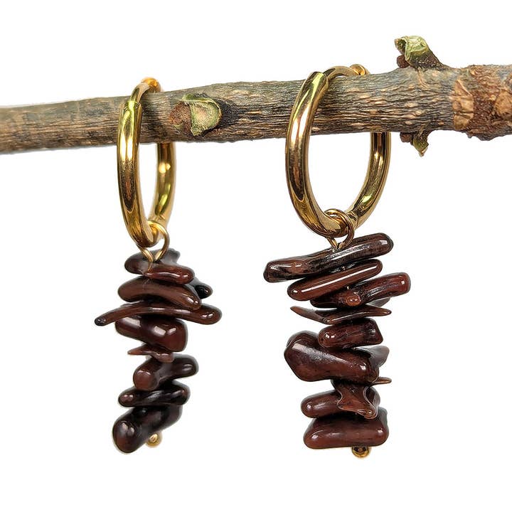 18K Real Gold Plated Stainless Steel Huggie Hoop Brown Coral Gemstone Chunks Earrings for wholesale by Stylish Jewelry Supply