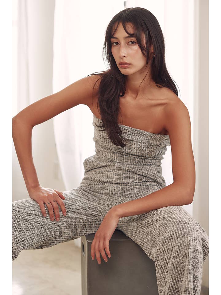 GREY WHITE STRETCHY TWEED STRAPLESS WIDE LEG JUMPSUIT-PI6522FO for wholesale on Faire