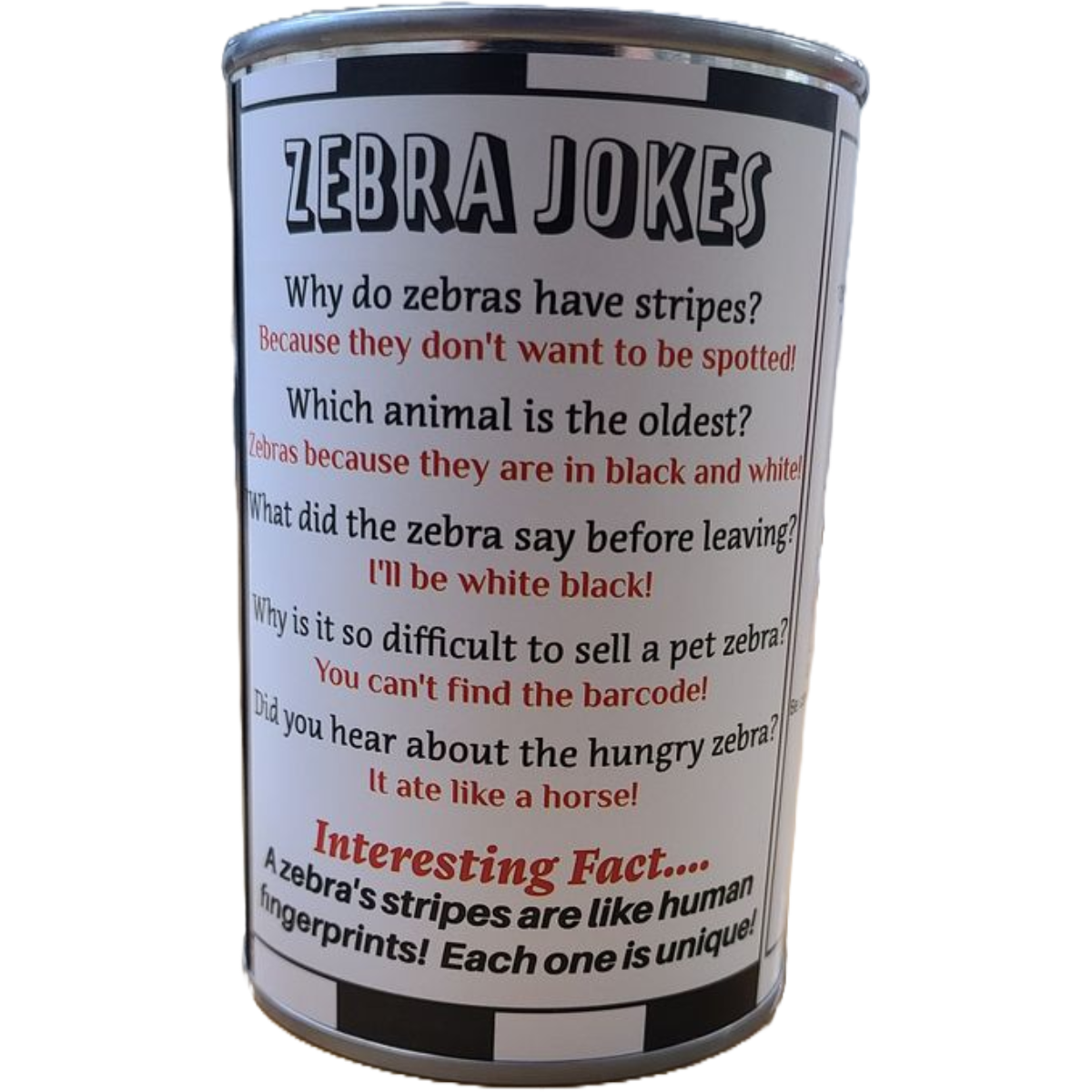 Canned Gifts – wholesale Fyllda/plyschleksaker - Barn och baby – Coco the Canned Zebra - Fylld djurplysch med roliga skämt1