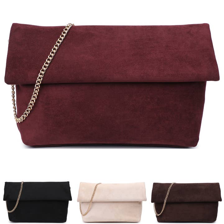 FAUX Suede Fold-Over Chain Clutch 37226B-ML 37226A for wholesale by Oblige by G