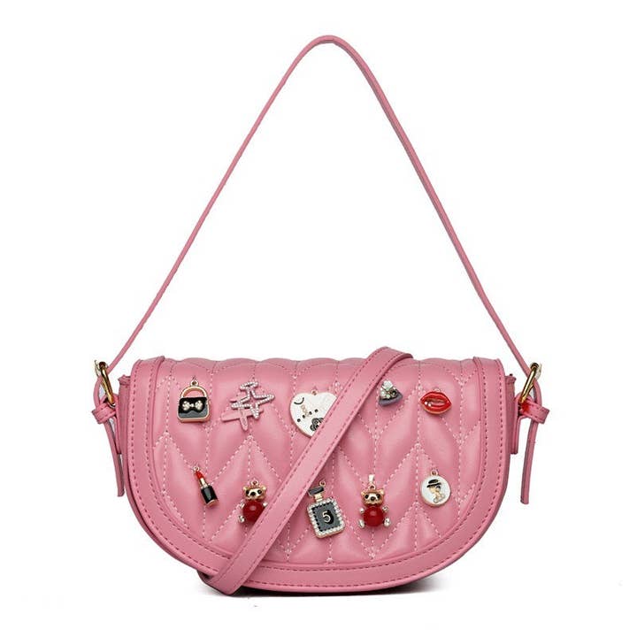 MB Fashion Wholesale - Wholesale Crossbody Bag - Women's - Every Fashion Charm Saddle Crossbody Bag – Quilted PU Leather with Cute Charms 27712