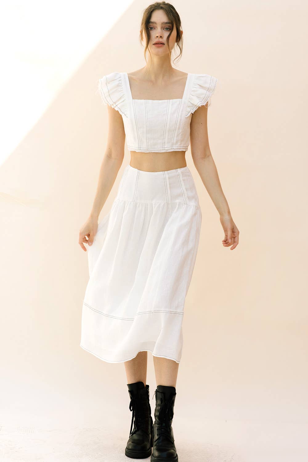 White JS3926- Monochromatic Stitched Detail Maxi Skirt for wholesale on Faire2