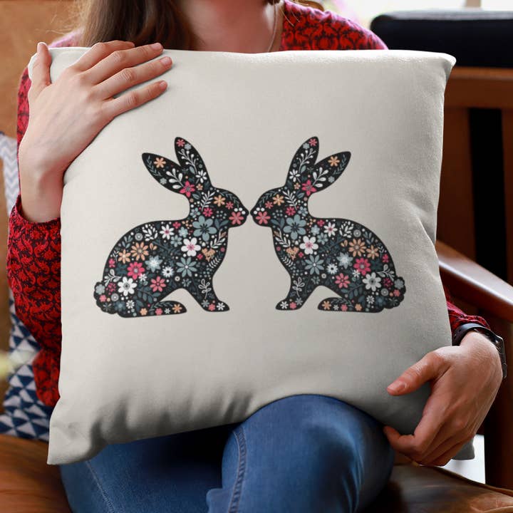 Double Flower Bunnies Black Pillow Cover for wholesale by Go Charlotte