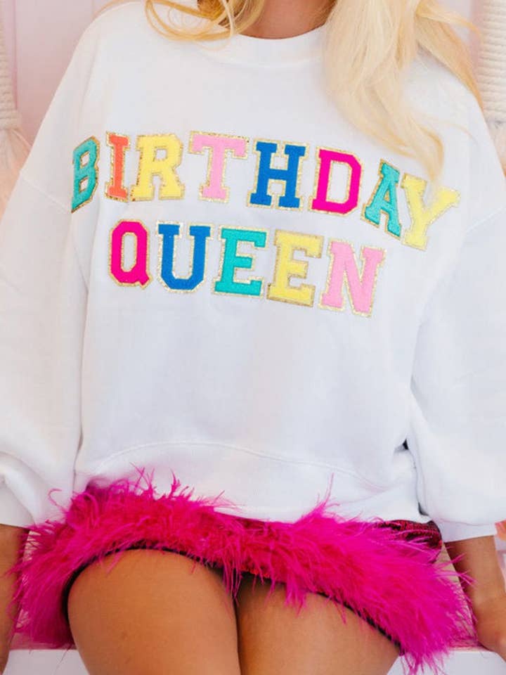 Bianco Felpa Birthday Queen con maniche a palloncino in vendita all'ingrosso su Faire