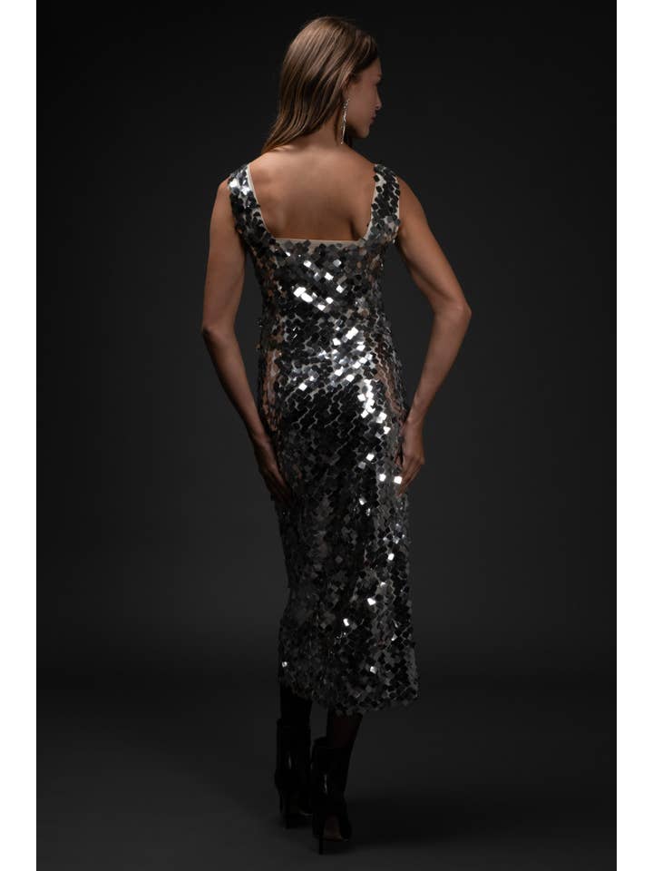 SILVER SIDE SLIT SEQUIN MIDI DRESS for wholesale on Faire1