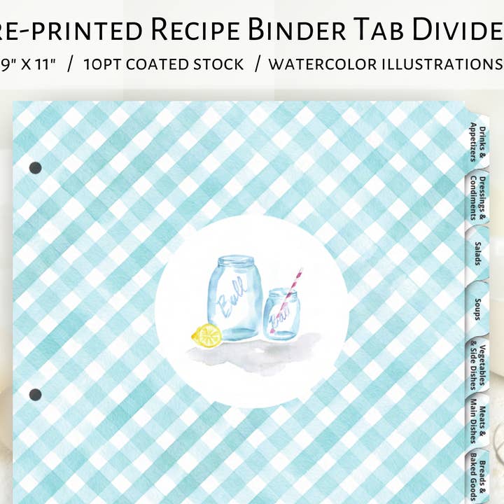 Recipe Binder Tab Dividers -Blue Gingham watercolor for wholesale by Rural Girl Studio