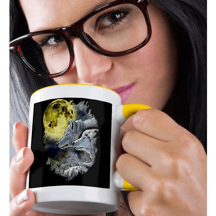 3dRose - Wholesale Coffee Mug - 3dRose, Drawing of Beautiful Wolves and a Yellow Moon, Mug1