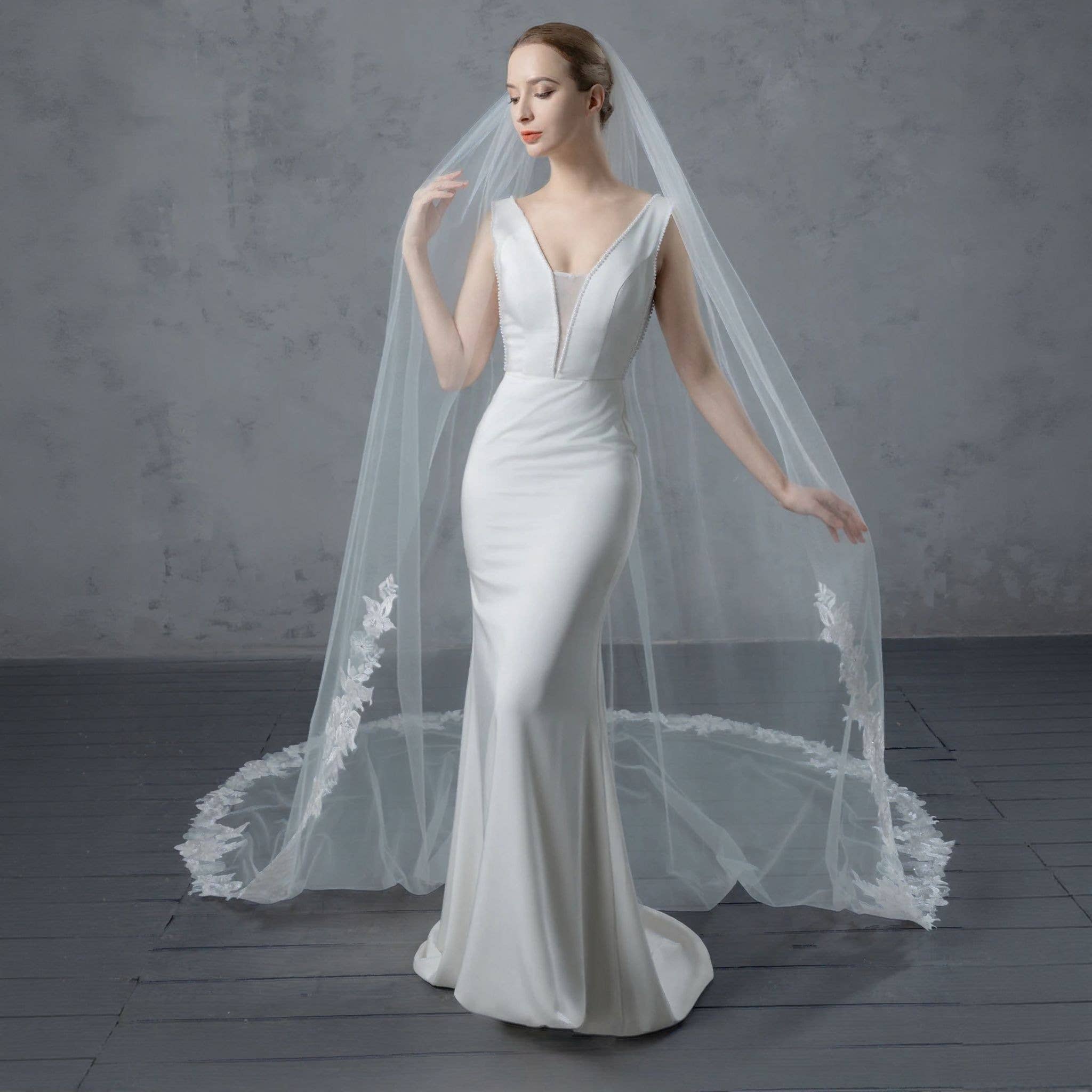 Farinosa Bridal - Venta al por mayor Velo - Mujer - Velo nupcial de encaje bordado con flores FS6231 en 96,5 cm, 127 cm, 274 cm y 305 cm5