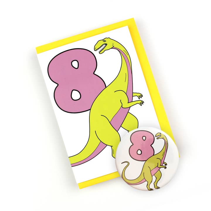 Number Eight Dinosaur Greeting Card and badge for wholesale by Dinosaurs Doing Stuff